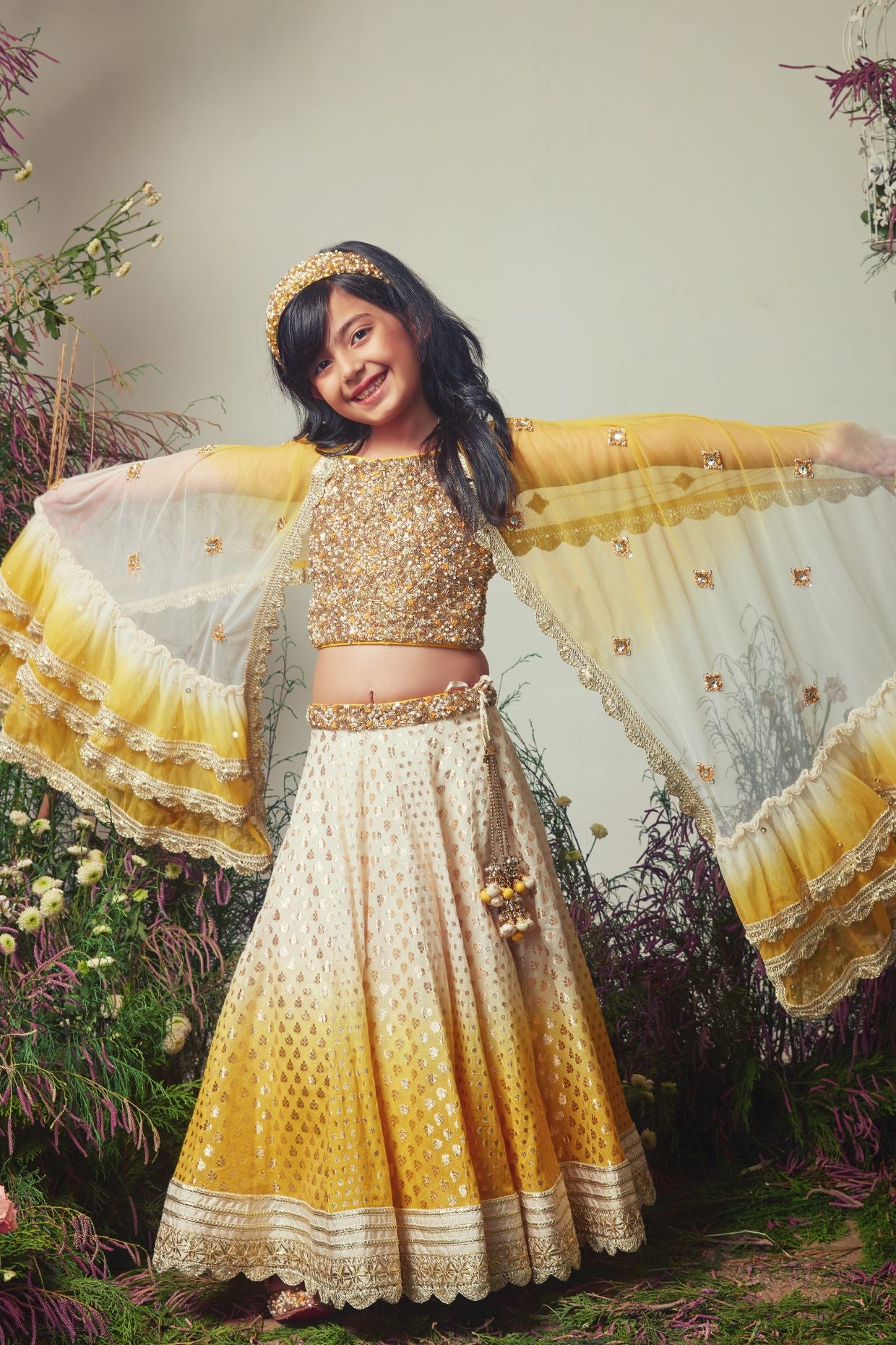 Yellow & Ivory Embroidered Chanderi Lehenga Set For Girls