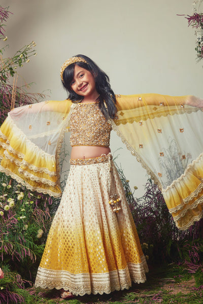 Yellow & Ivory Embroidered Chanderi Lehenga Set For Girls