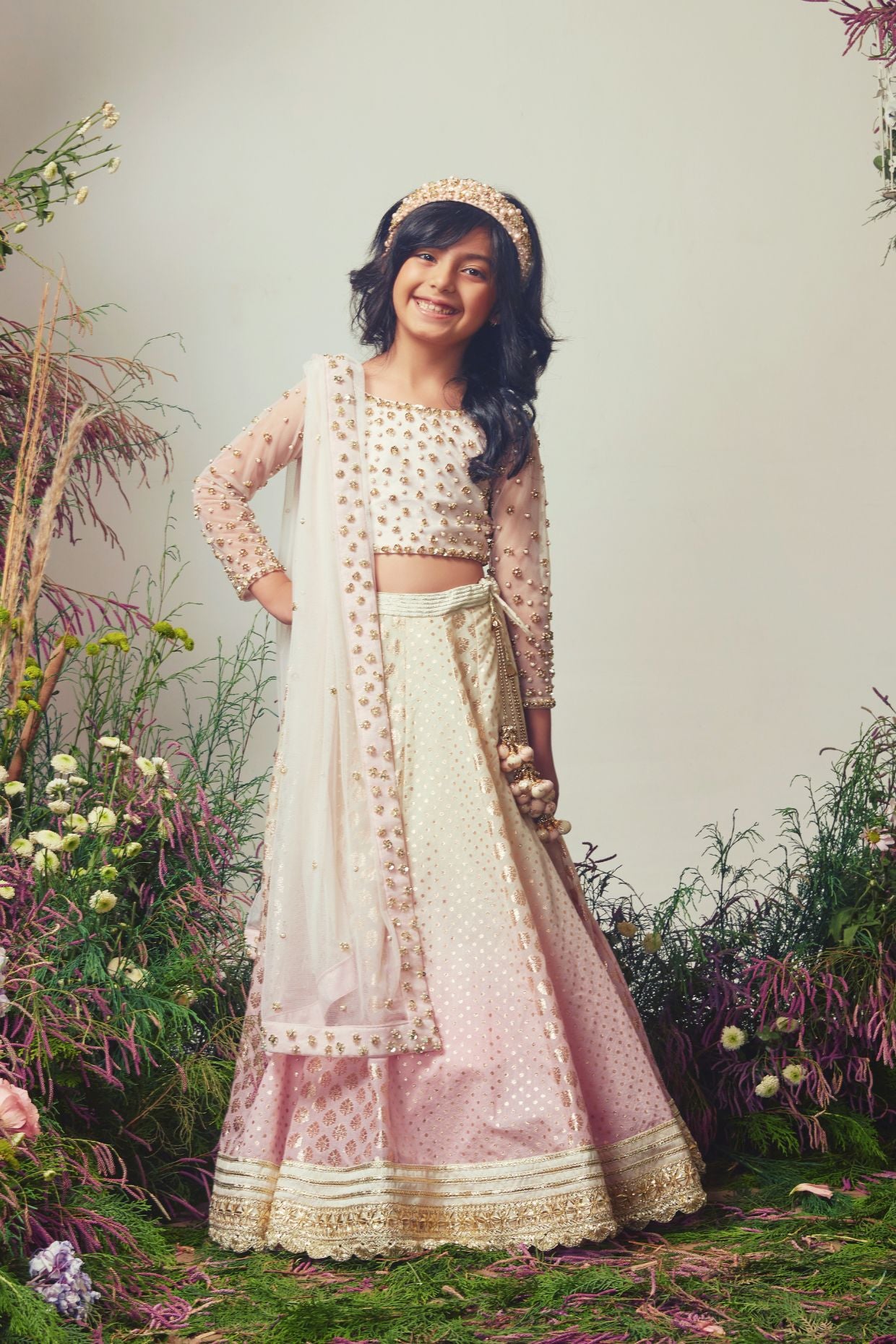 White & Lilac Embroidered Chanderi Lehenga Set For Girls