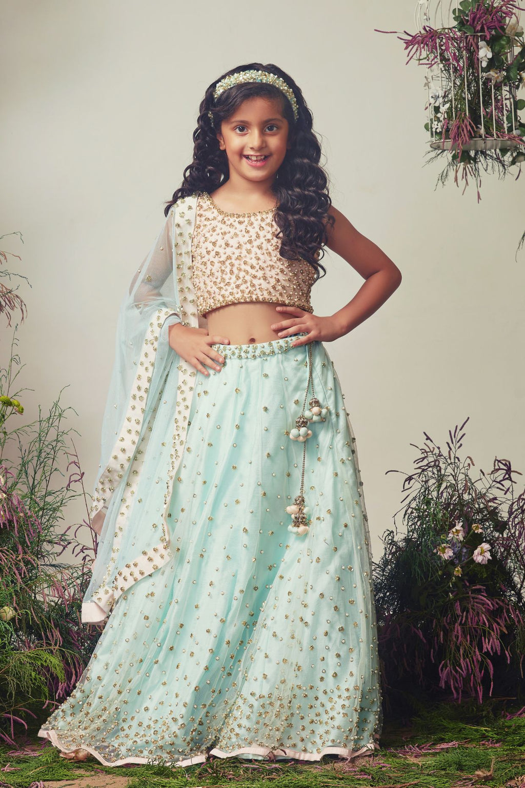 Peach & Ice Blue Embroidered Lehenga Set For Girls