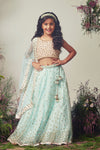Peach & ice blue Embroidered Lehenga Set For Girls