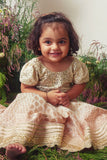 White & Peach Embroidered Chanderi Gown For Girls