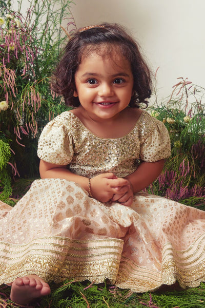 White & Peach Embroidered Chanderi Gown For Girls