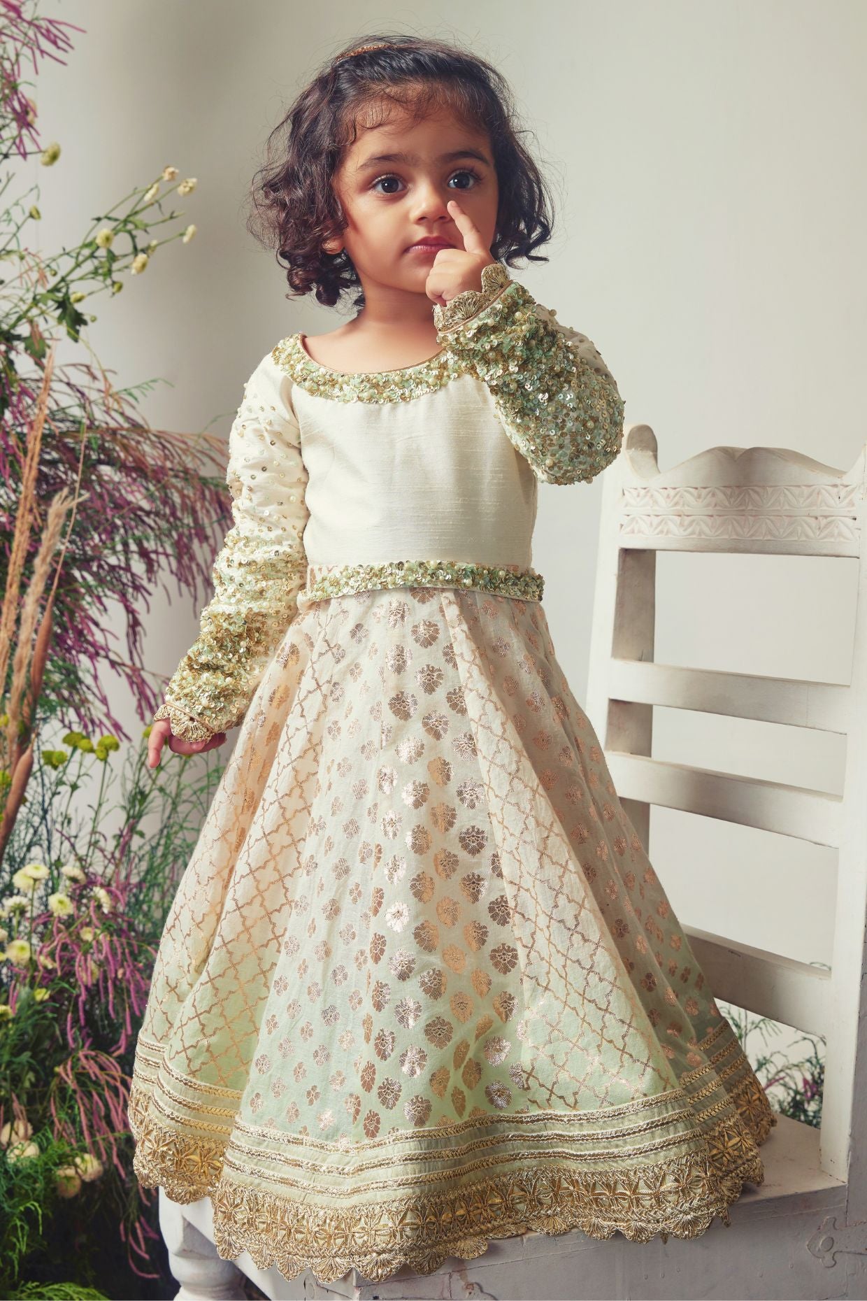Ivory & Mint Green Embroidered Chanderi Gown For Girls