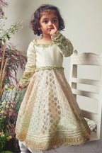 Ivory & Mint Green Embroidered Chanderi Gown For Girls