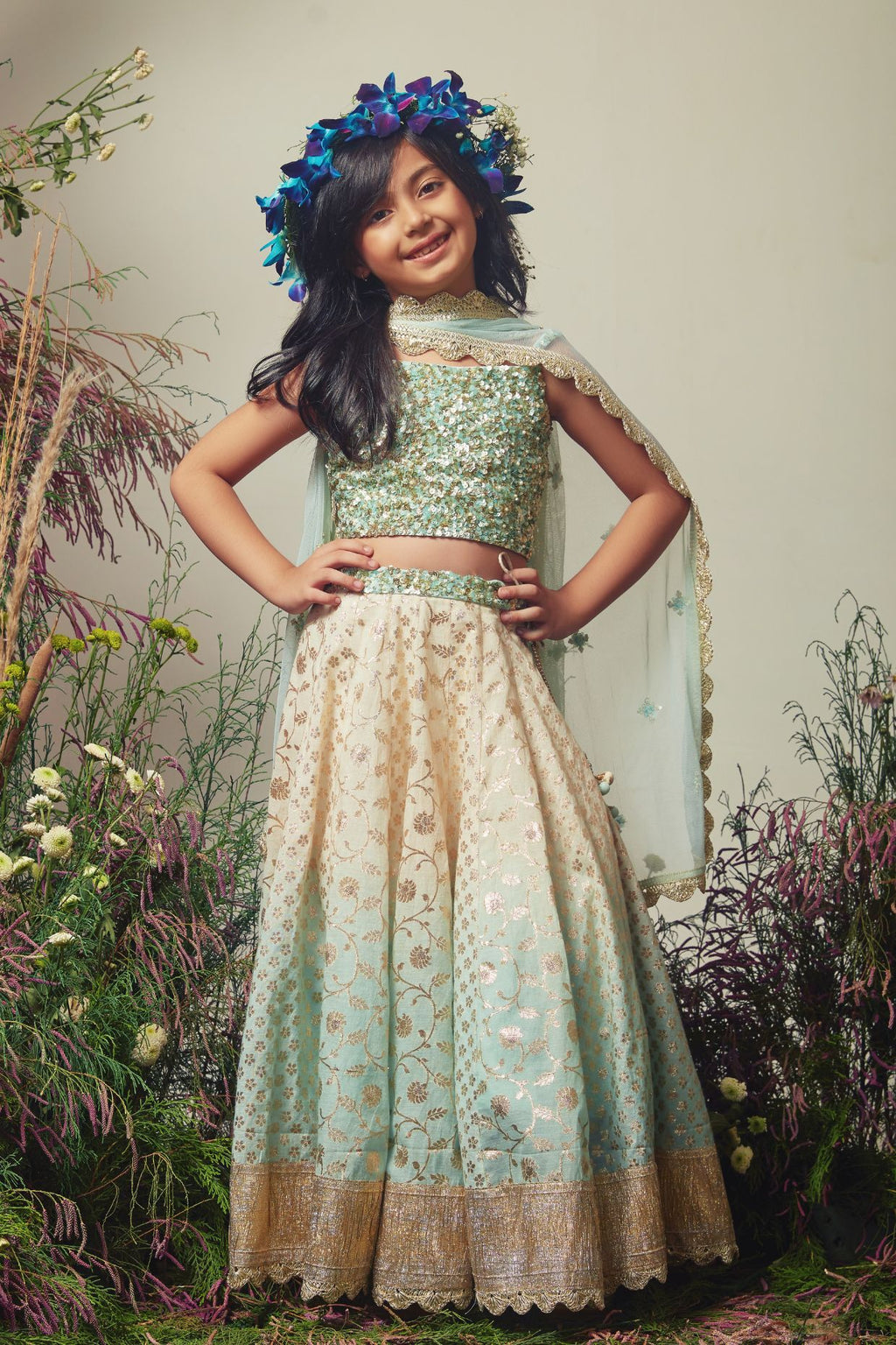 White & Ice Blue Embroidered Chanderi Lehenga Set For Girls