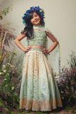 White & ice blue Embroidered Chanderi Lehenga Set For Girls
