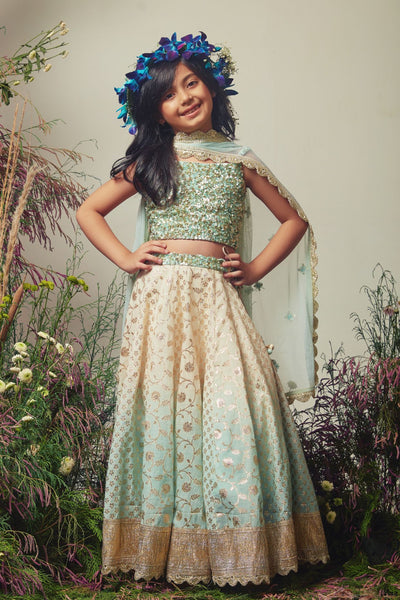 White & ice blue Embroidered Chanderi Lehenga Set For Girls