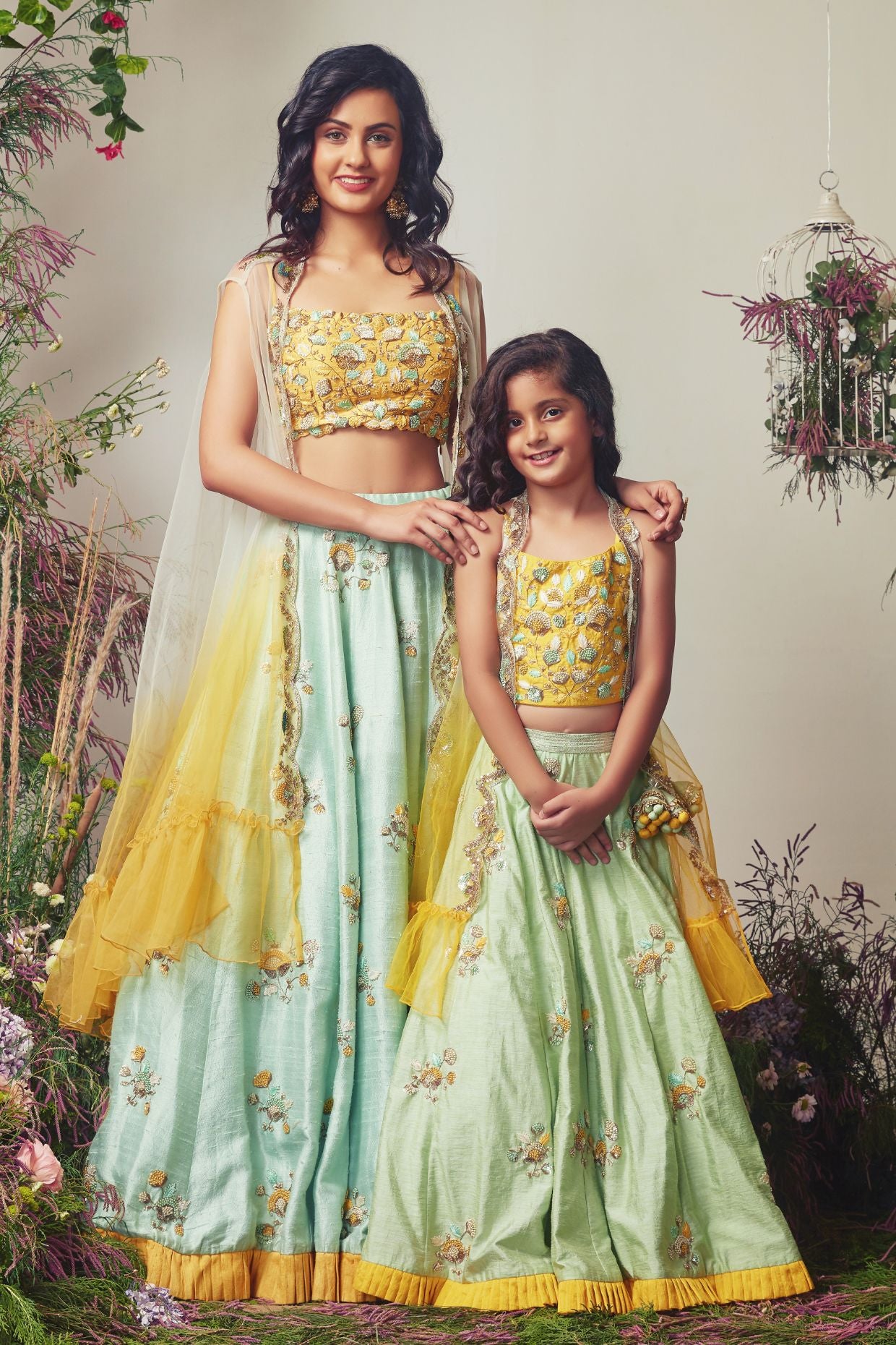 Yellow & Mint Green  Embroidered Lehenga Set For Girls