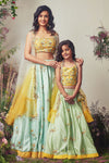 Yellow & Mint Green  Embroidered Lehenga Set For Girls
