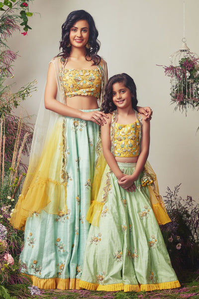 Yellow & Mint Green  Embroidered Lehenga Set For Girls