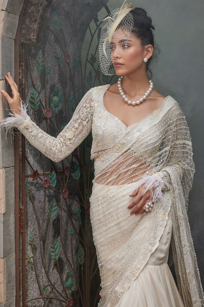 IVORY HAND EMBROIDERED DRAPED SAREE