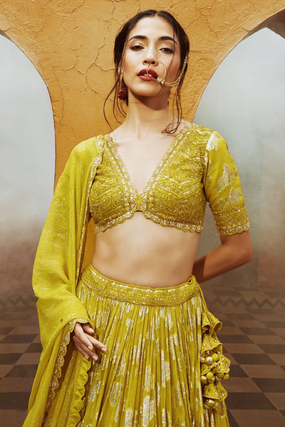 MEHNDI BLOOM GREEN LEHENGA SET