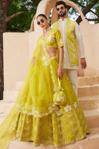Sheen Green Pure Raw Silk Lehenga Set