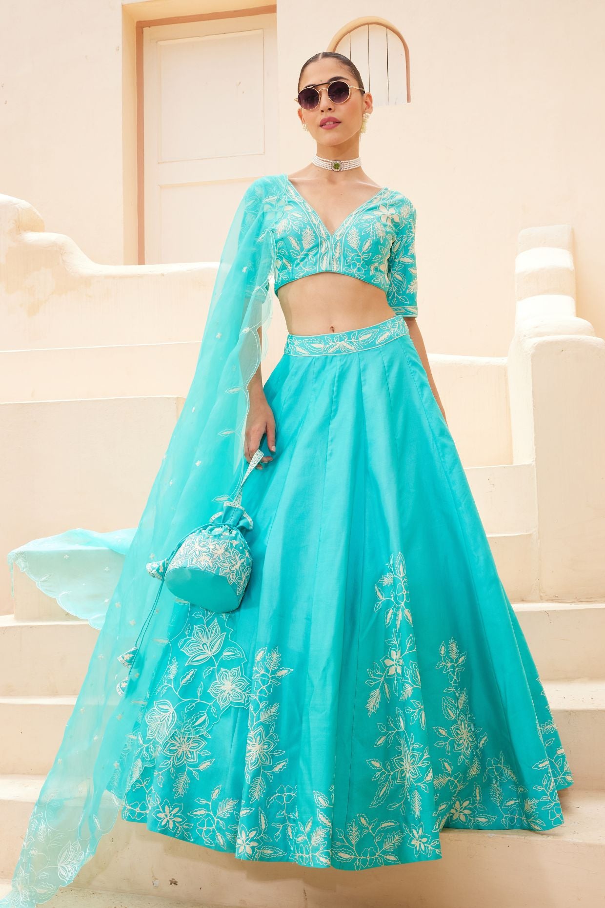 TURQUOISE CHANDERI LEHENGA
