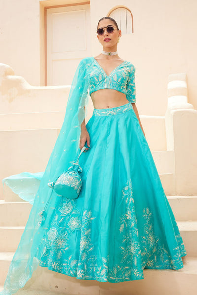 TURQUOISE CHANDERI LEHENGA
