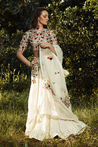 Ivory Lehenga with Multicoloured Embroidered Blouse and Dupatta
