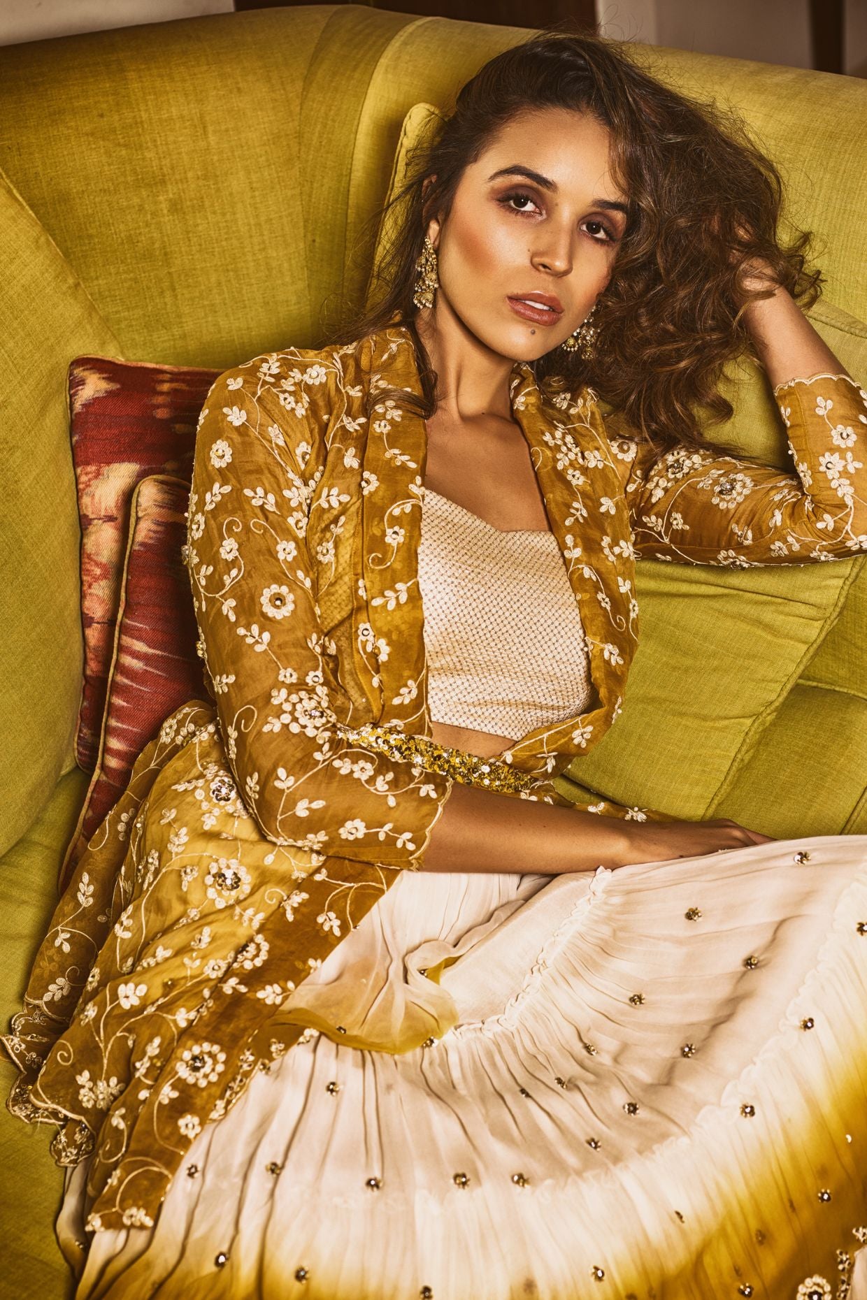 Mustard Frilled Embroidered Lehenga Set