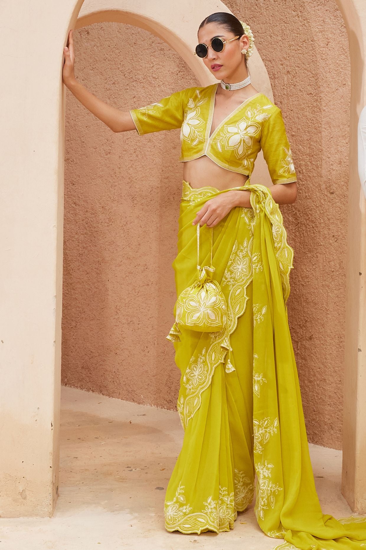 Sheen Green Pre Draped Saree