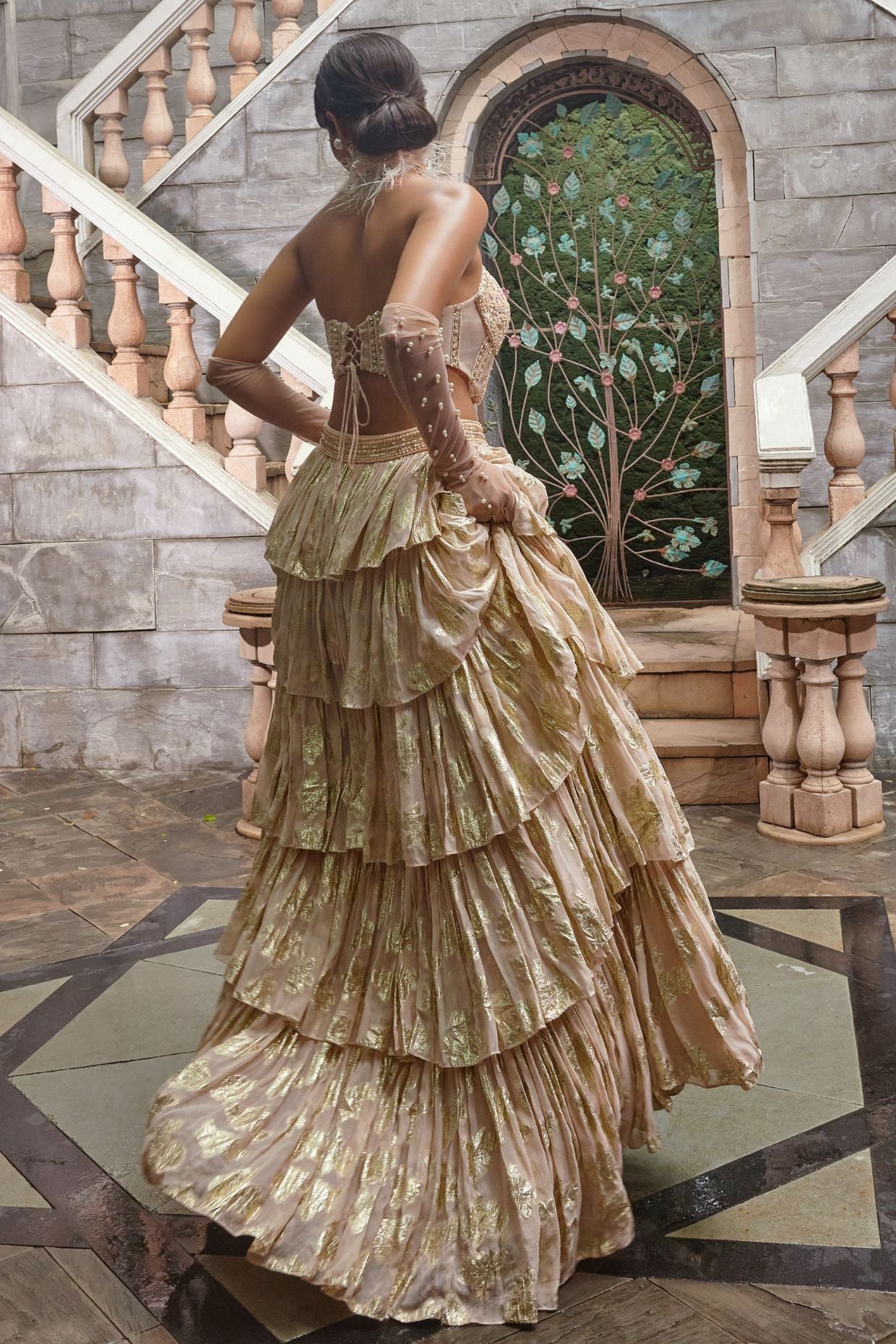 Gold Shimmer Tiered Lehenga Set