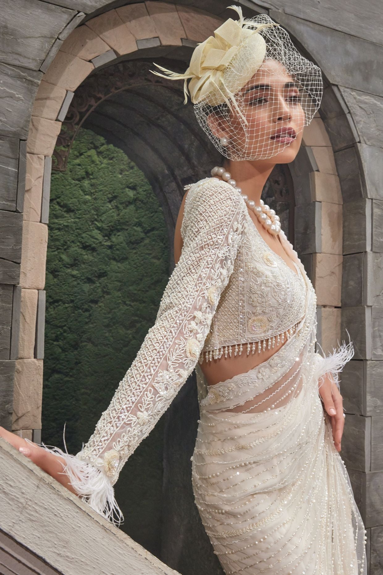 IVORY HAND EMBROIDERED DRAPED SAREE
