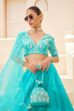 Turquoise Chanderi Lehenga Set