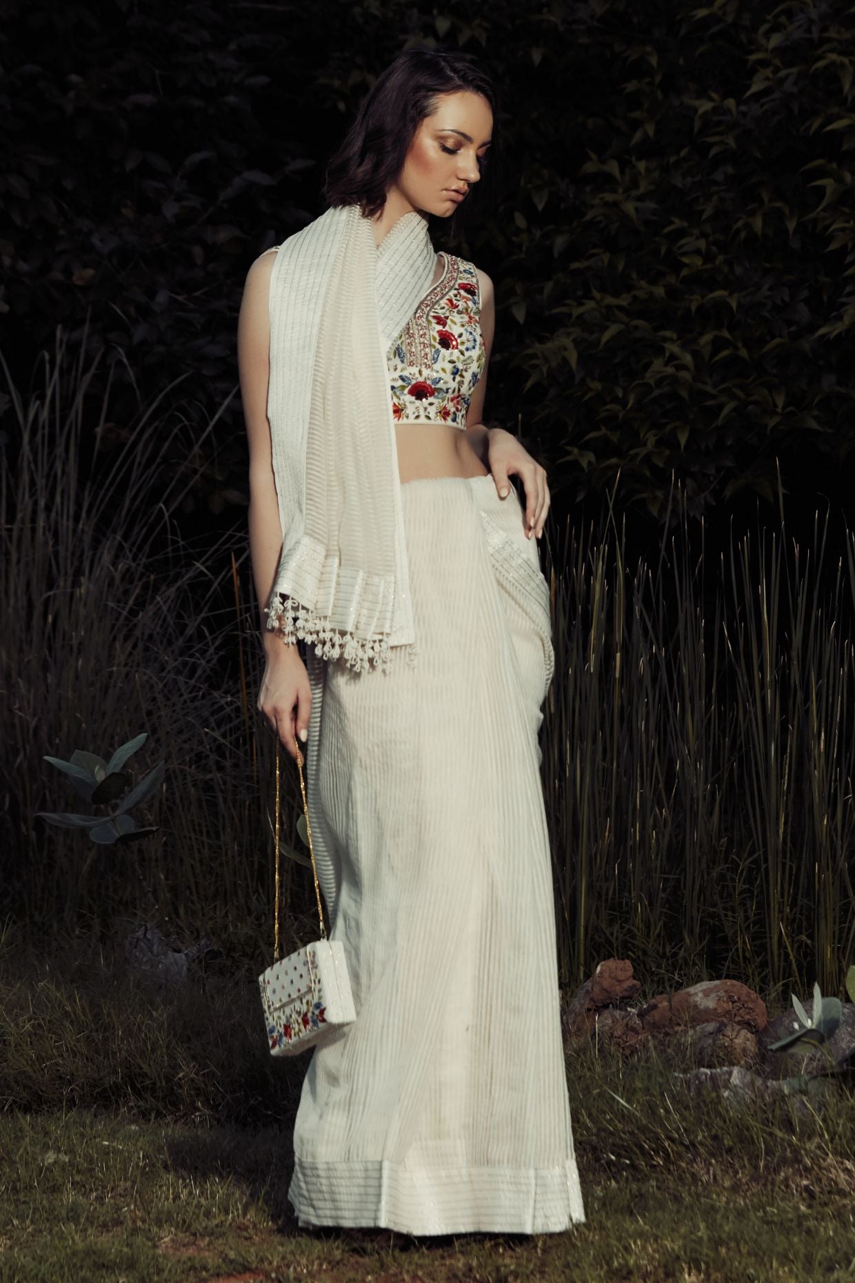 Ivory Stripe Saree With Embroidered Blouse
