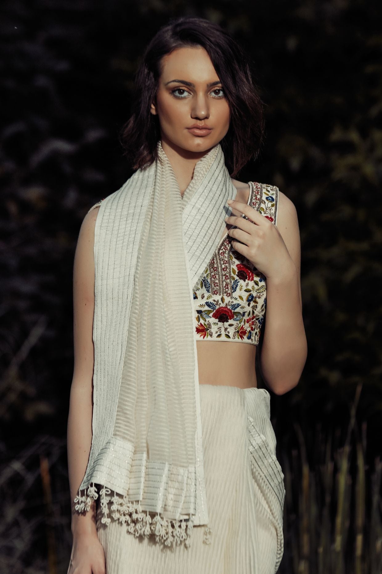 Ivory Stripe Saree With Embroidered Blouse