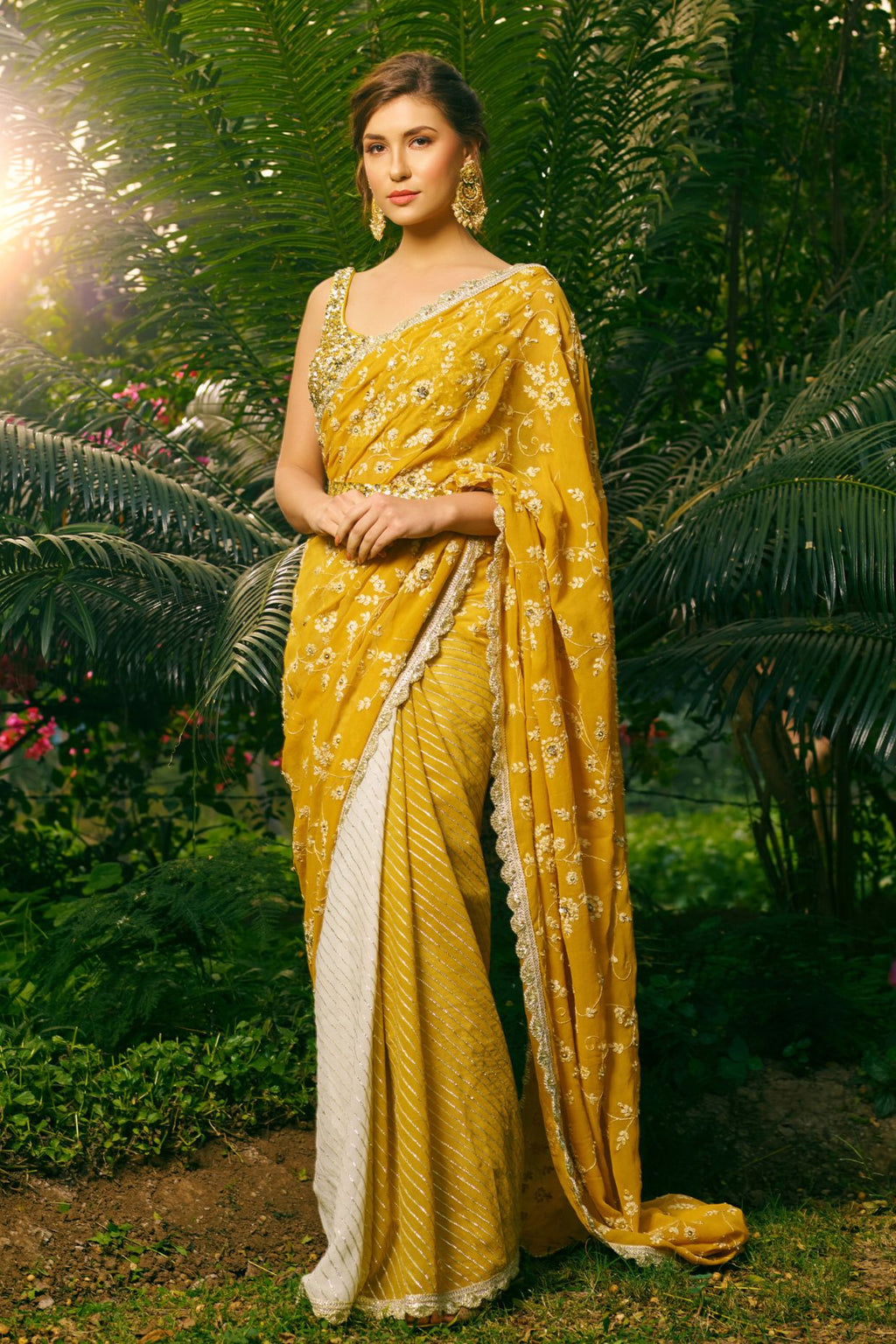 Embroidered Mustard Yellow Saree Set