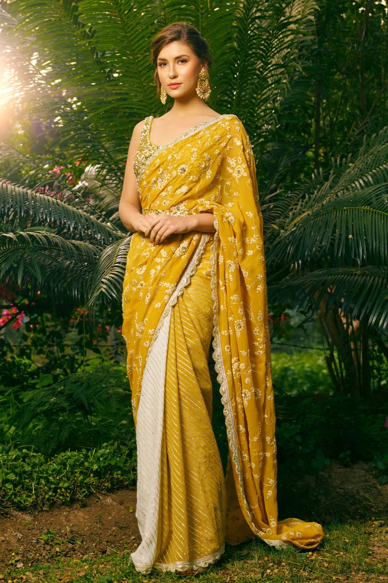 Embroidered Mustard Yellow Saree Set