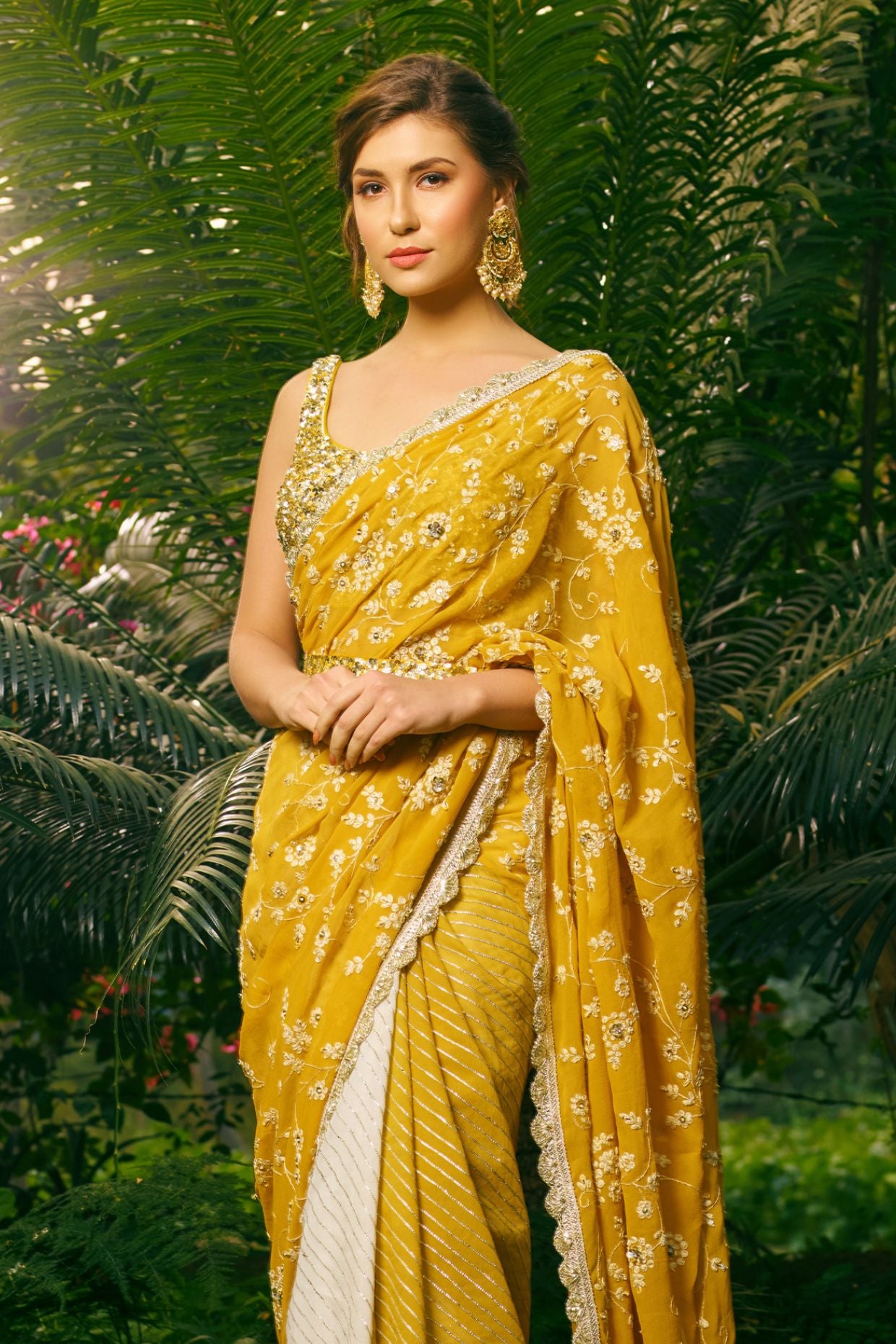 Embroidered Mustard Yellow Saree Set