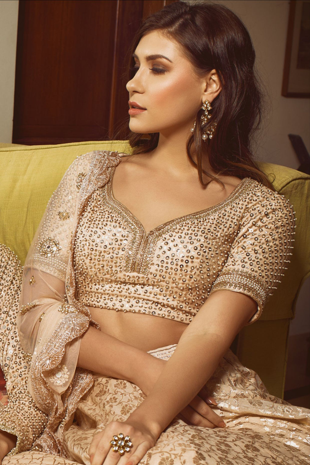 Champagne Chanderi Lehenga Set