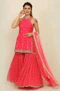 Fuchsia Pink Halter Neck Embroidered Sharara Set