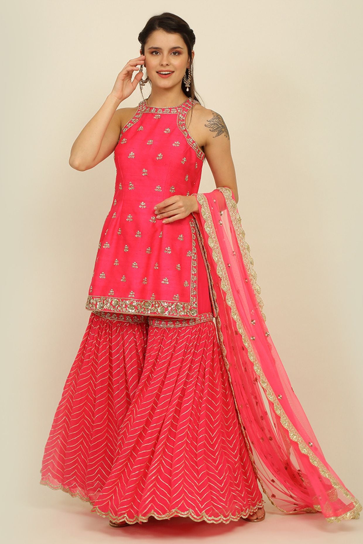 Fuchsia Pink Halter Neck Embroidered Sharara Set