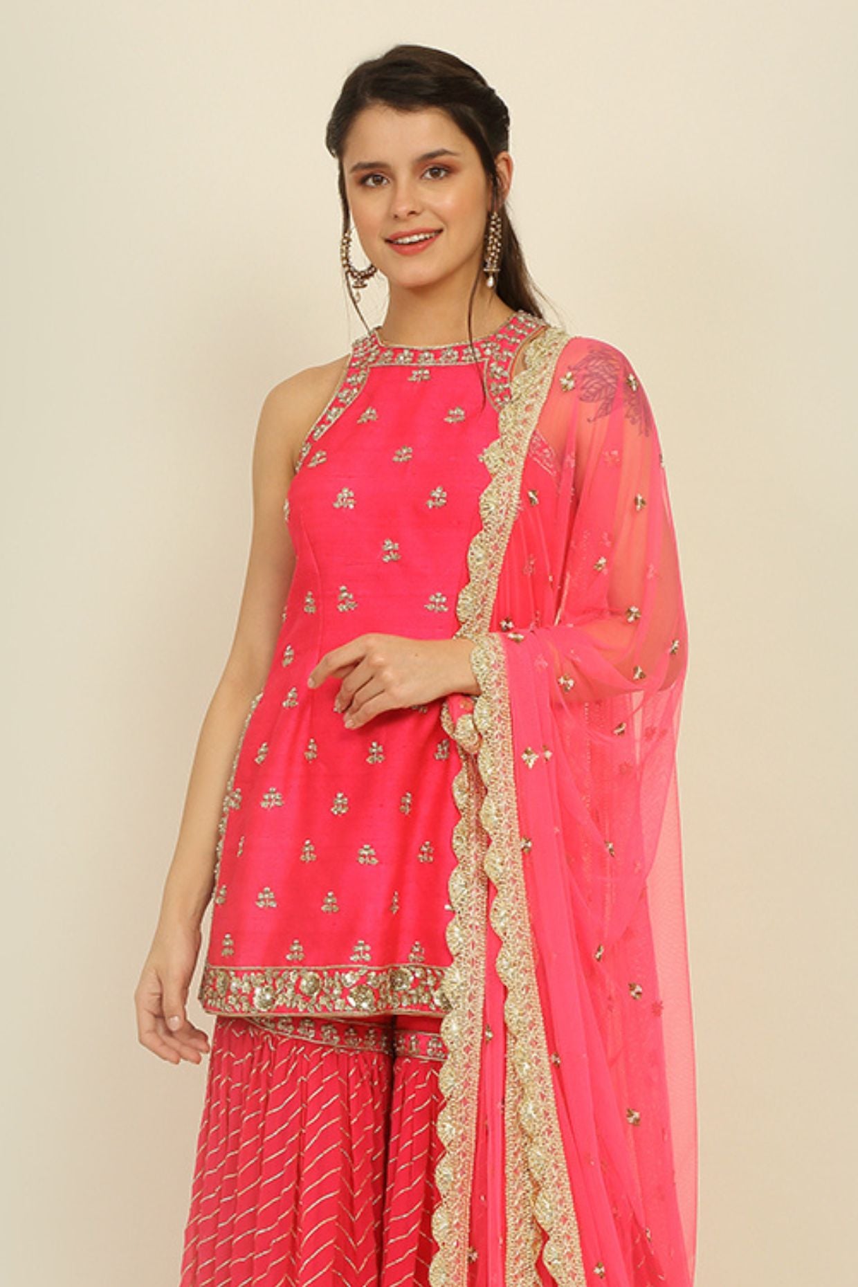 Fuchsia Pink Halter Neck Embroidered Sharara Set