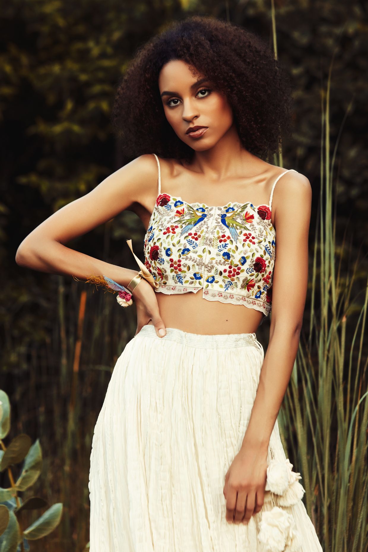 Embroidered Crop Top And Crinkle Skirt