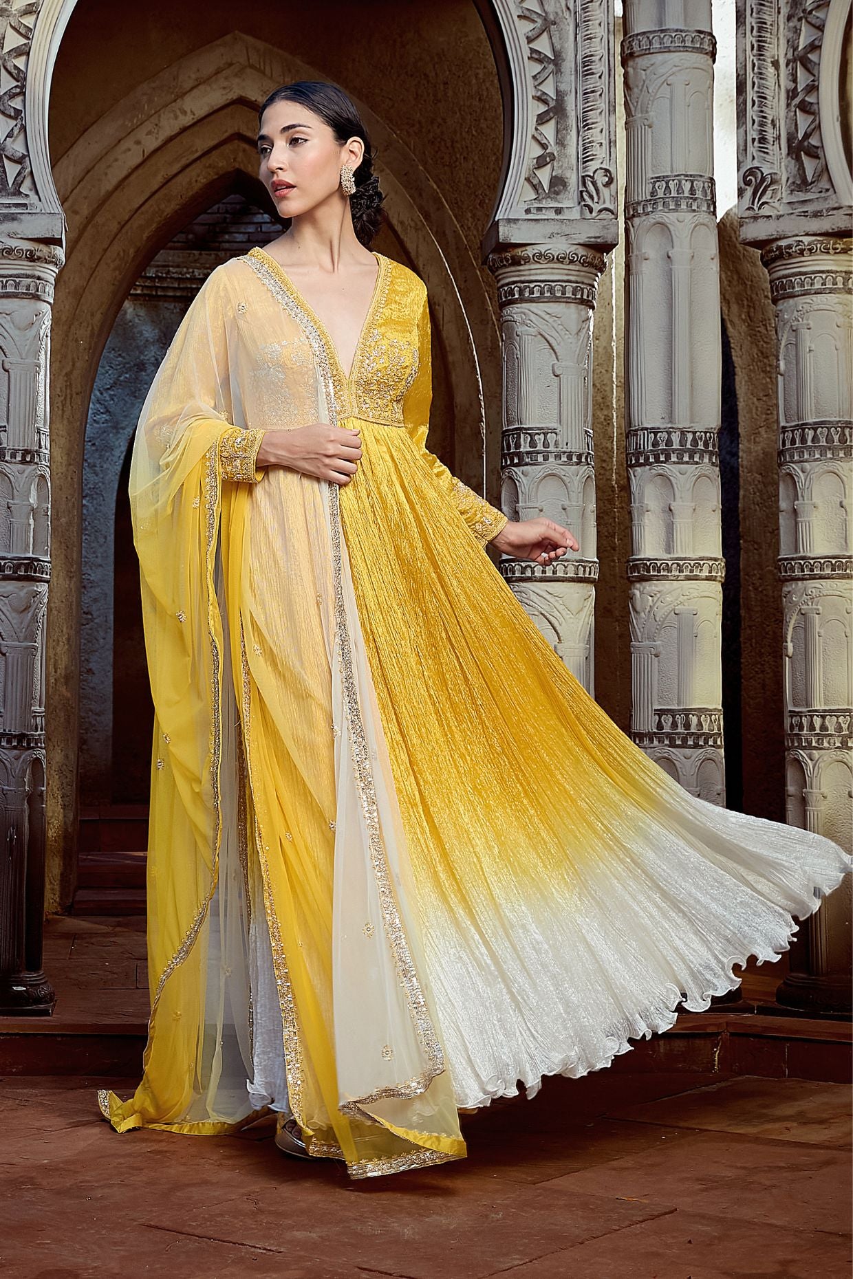 Yellow Crinkle Ombre Dyed Anarkali Set