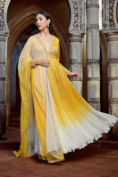 Yellow Crinkle Ombre Dyed Anarkali Set