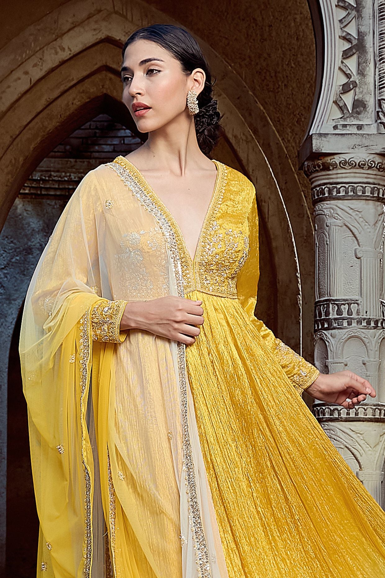 Yellow Crinkle Ombre Dyed Anarkali Set