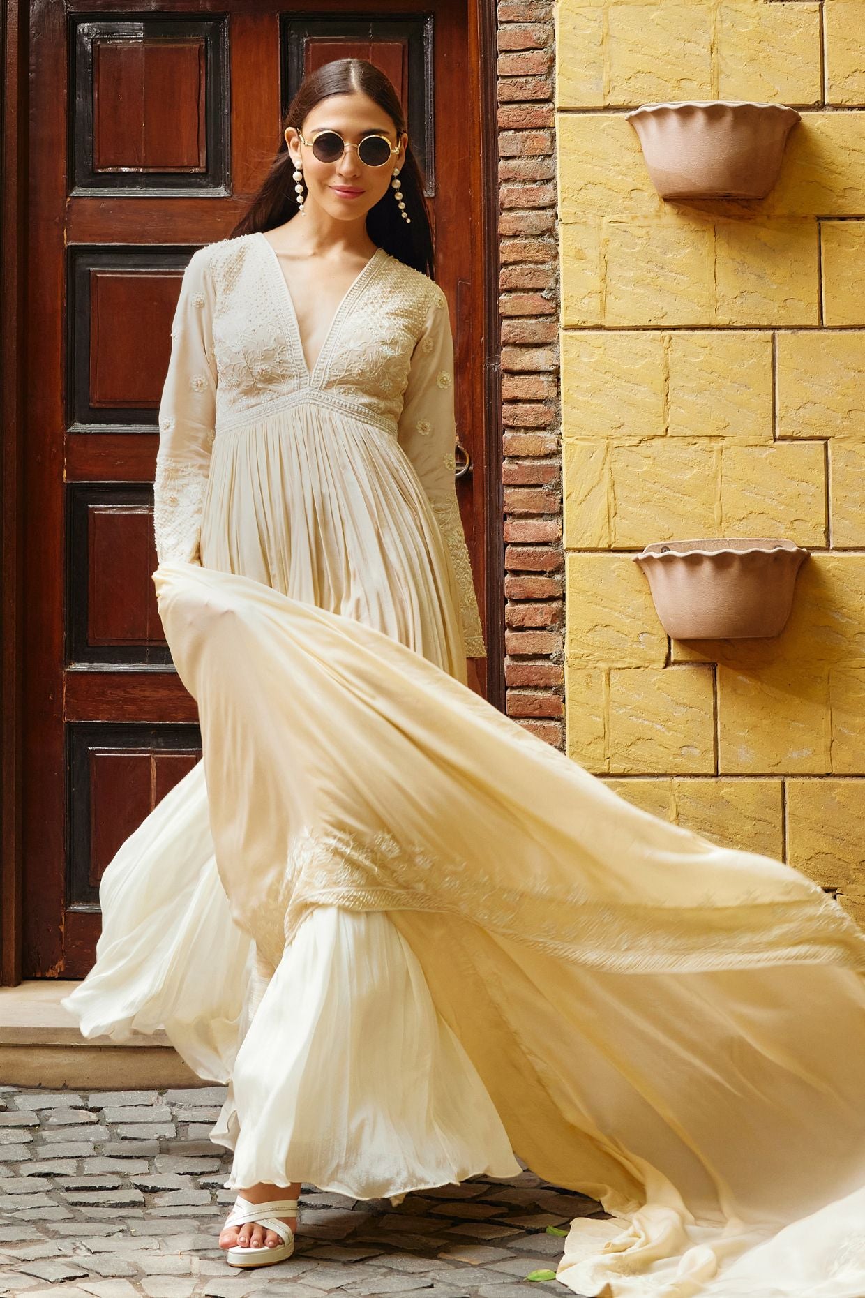 Gold And Ivory Ombre Dyed Crepe Anarkali Set