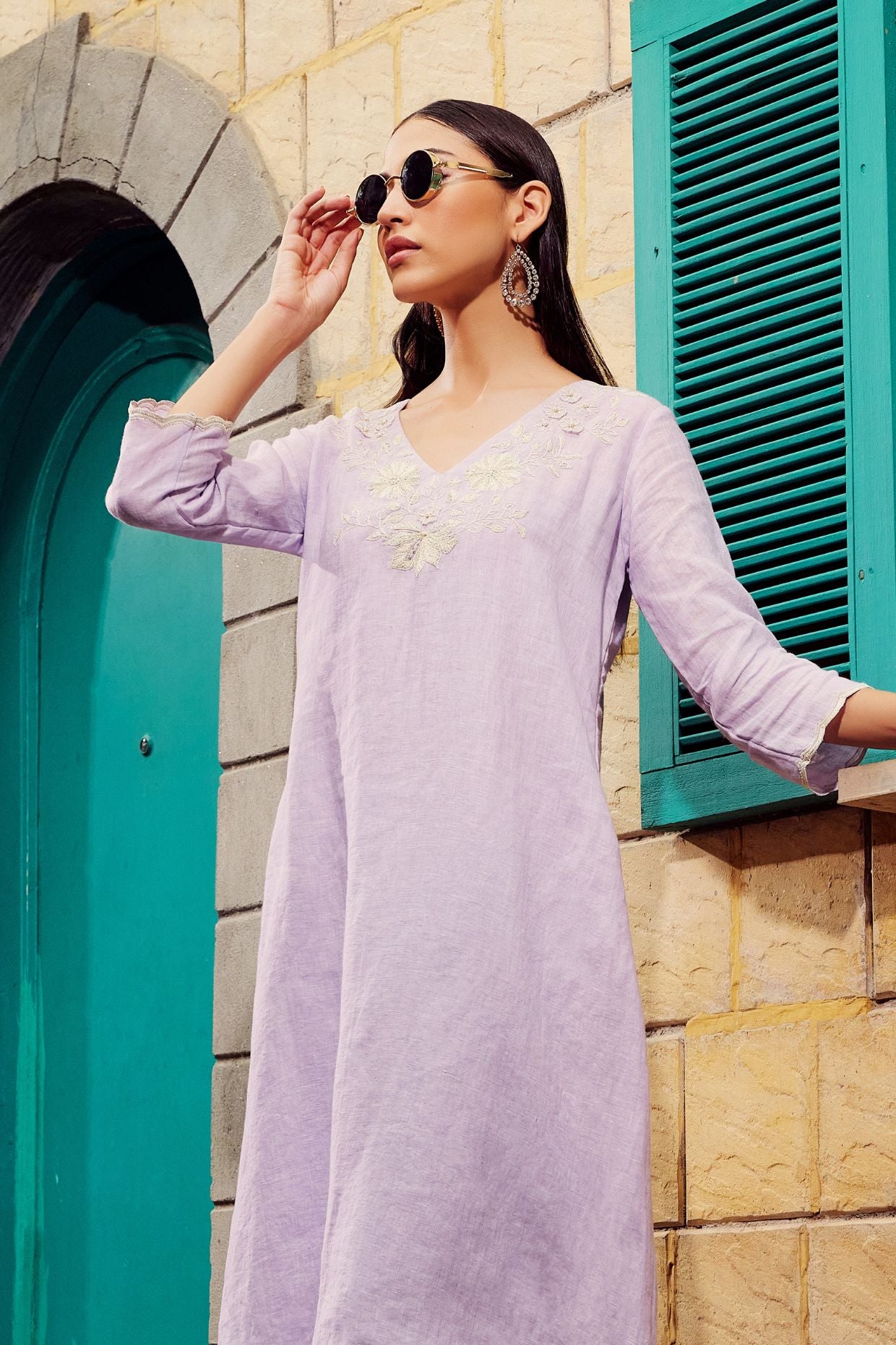 Lilac Cotton Linen Embroidered Kurta Set