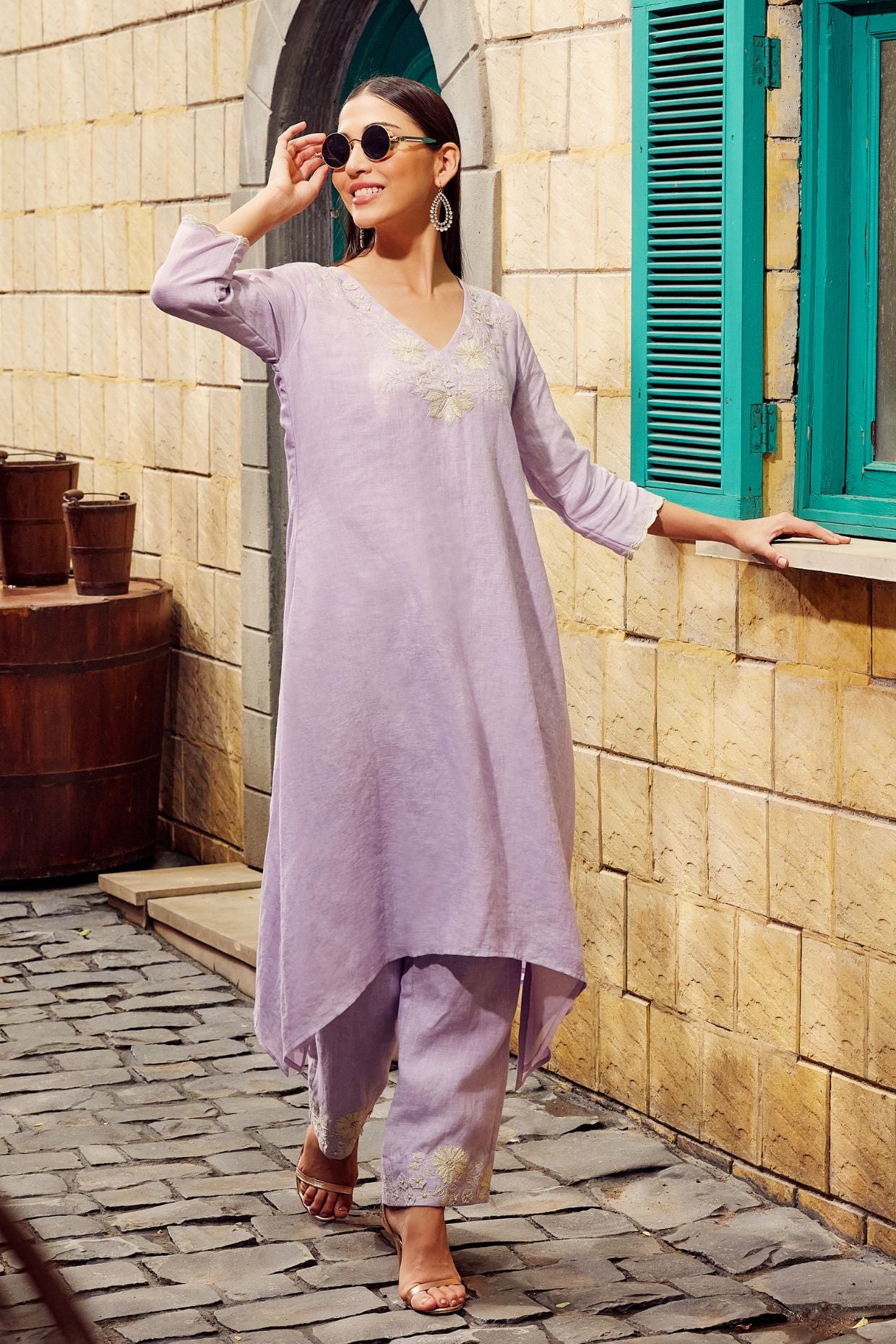 Lilac Cotton Linen Embroidered Kurta Set