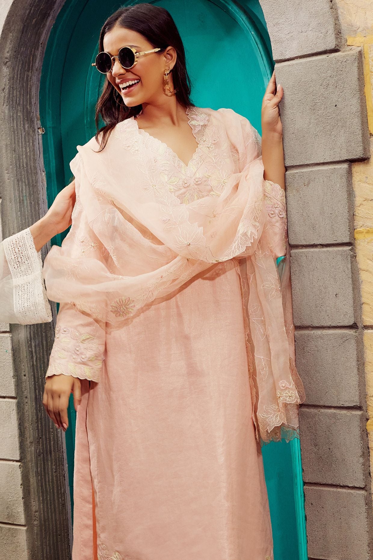 Peach Cotton Linen Embroidered Kurta Set