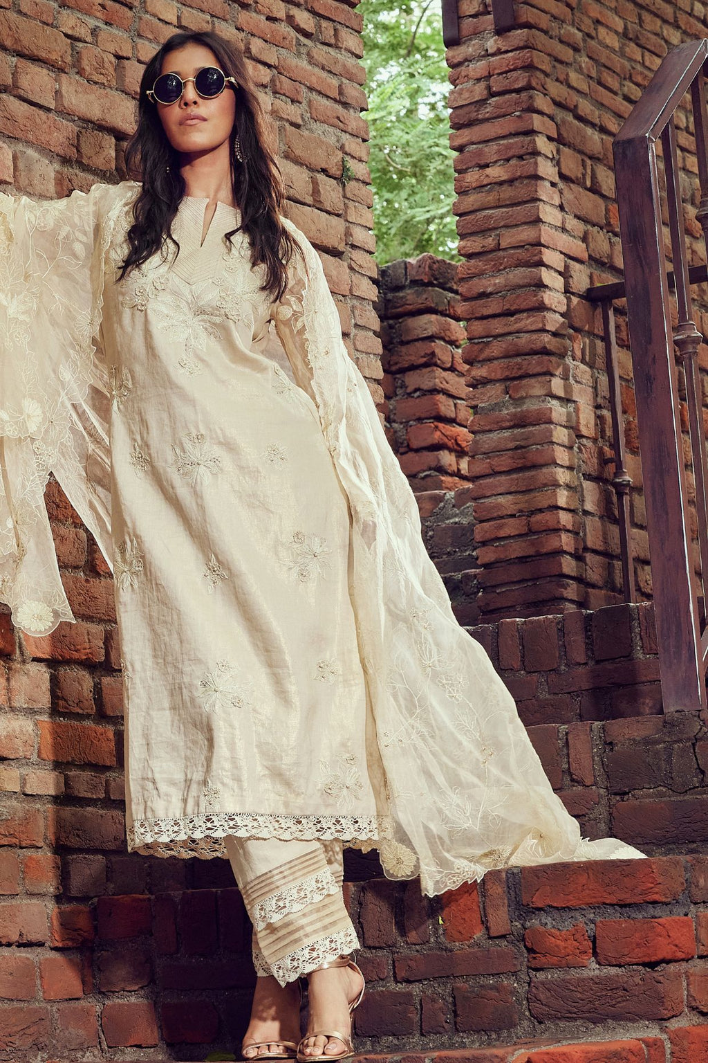 Beige Cotton Linen Embroidered Kurta Set