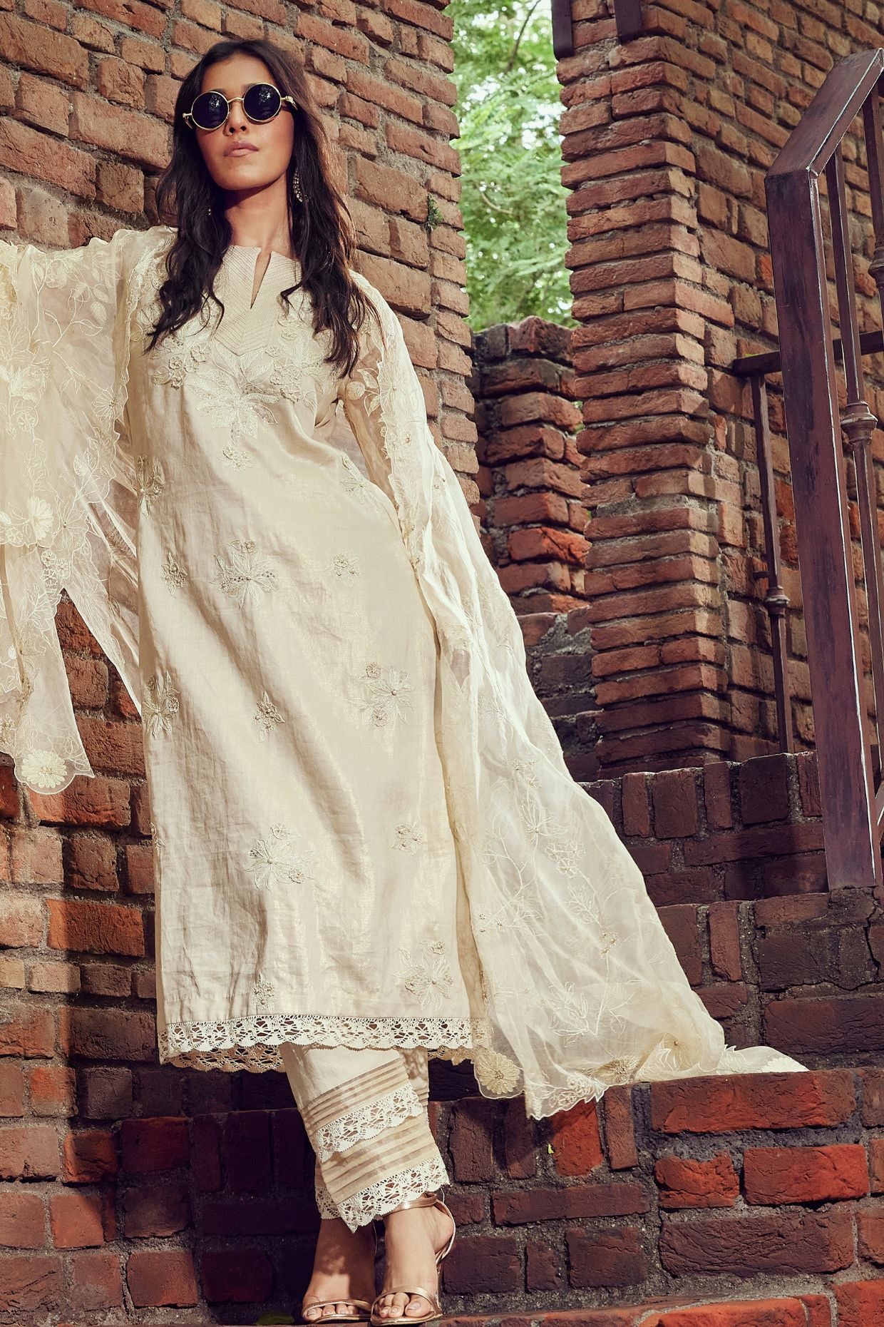 Beige Cotton Linen Embroidered Kurta Set