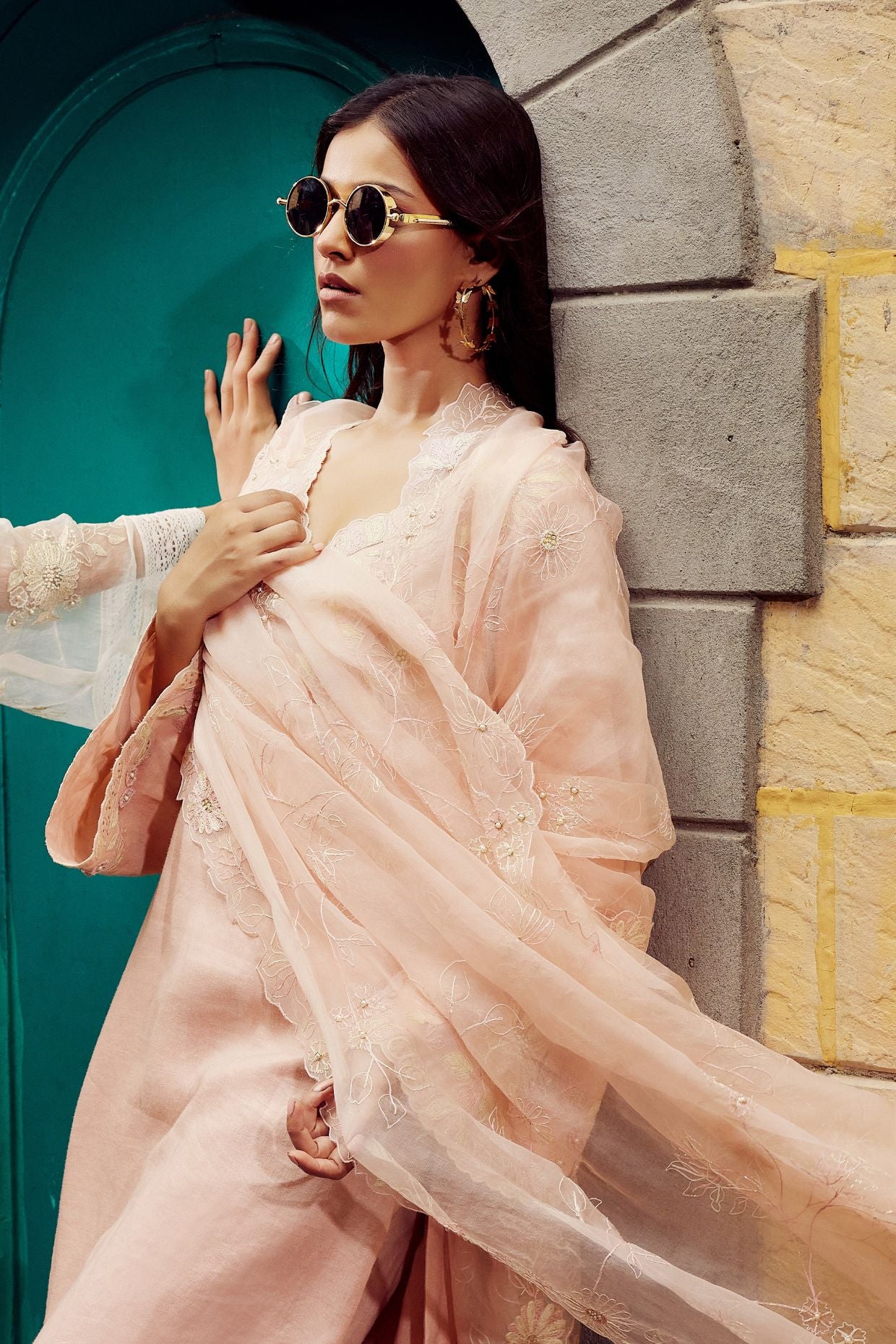 Peach Cotton Linen Embroidered Kurta Set