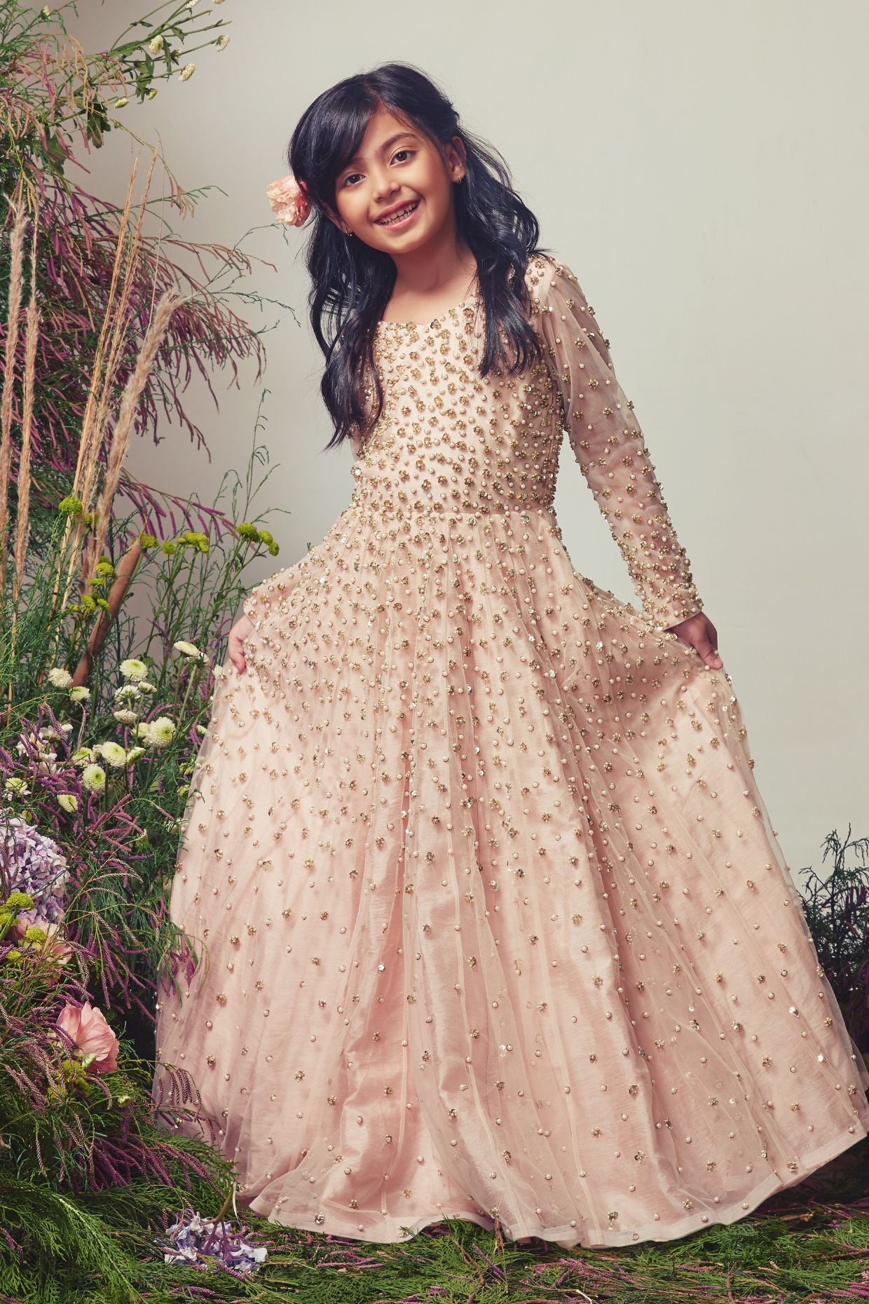 Peach Net Sequins Embroidered Gown