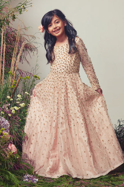 Peach Net Sequins Embroidered Gown