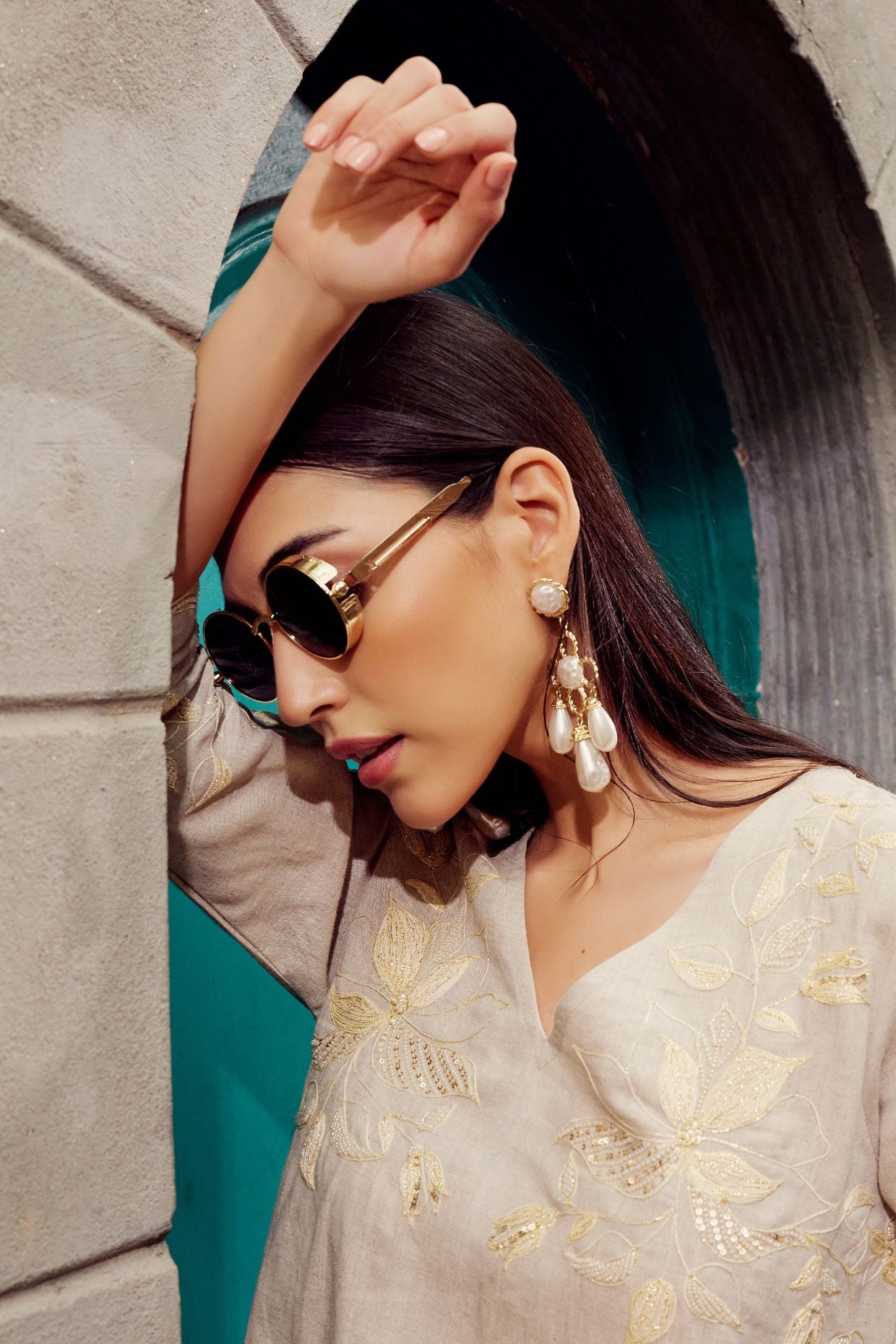 Beige Linen Embroidered Kurta Set