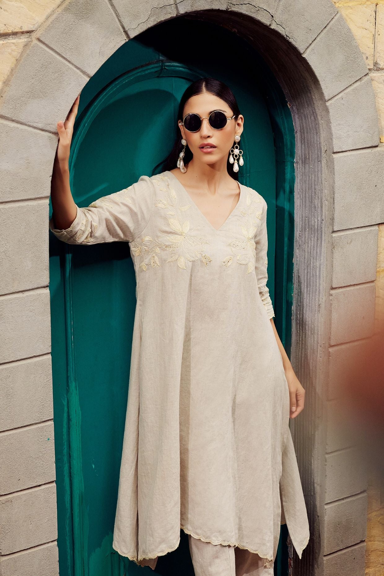 Beige Linen Embroidered Kurta Set